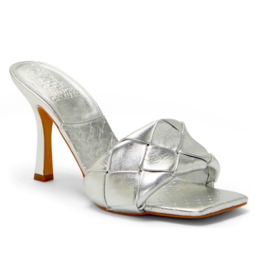 Vince Camuto pewter metallic Nappa woven Brelaine heels sz 9